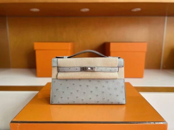 H Factory Bags Mini Kelly Pochette Ostrich Leather dusty blue Silver Hardware 22cm Full Handmade