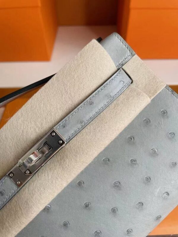H Factory Bags Mini Kelly Pochette Ostrich Leather dusty blue Silver Hardware 22cm Full Handmade