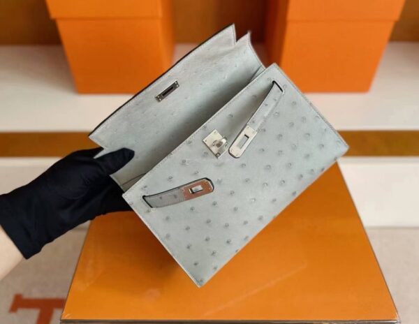 H Factory Bags Mini Kelly Pochette Ostrich Leather dusty blue Silver Hardware 22cm Full Handmade