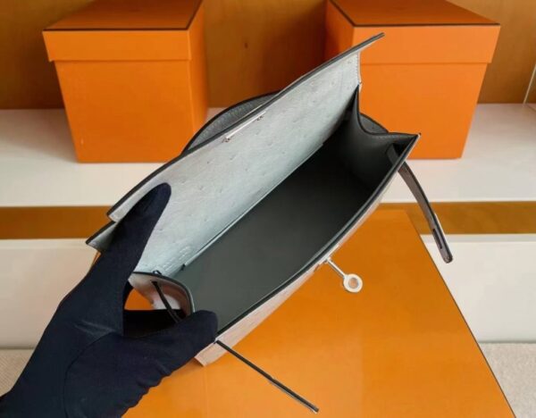 H Factory Bags Mini Kelly Pochette Ostrich Leather dusty blue Silver Hardware 22cm Full Handmade