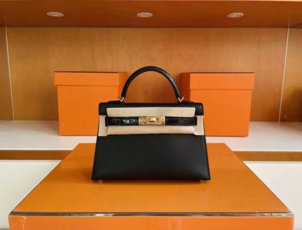 H Factory Bags Mini Kelly Touch Epsom & Crocodile Black Gold Hardware 19cm Full Handmade