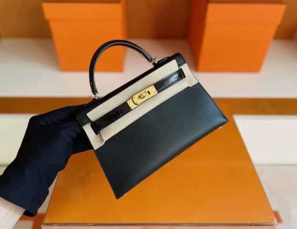 H Factory Bags Mini Kelly Touch Epsom & Crocodile Black Gold Hardware 19cm Full Handmade