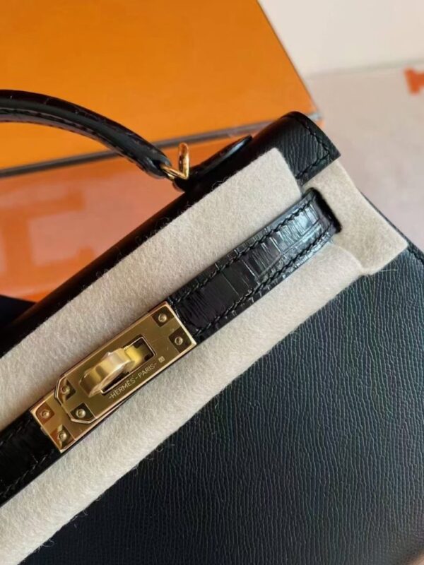 H Factory Bags Mini Kelly Touch Epsom & Crocodile Black Gold Hardware 19cm Full Handmade