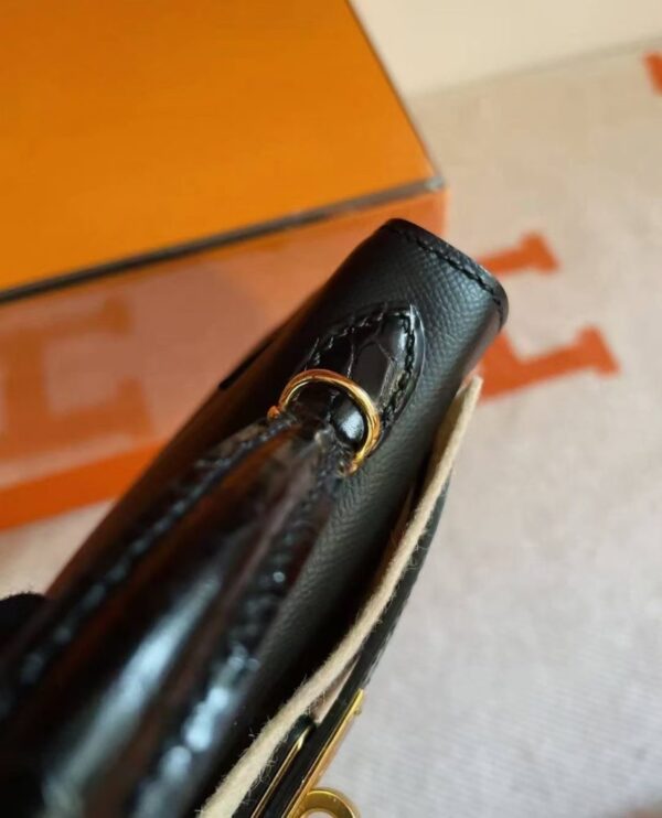 H Factory Bags Mini Kelly Touch Epsom & Crocodile Black Gold Hardware 19cm Full Handmade