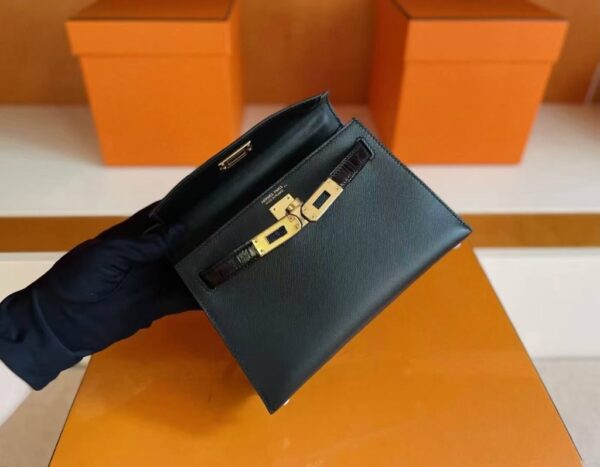 H Factory Bags Mini Kelly Touch Epsom & Crocodile Black Gold Hardware 19cm Full Handmade