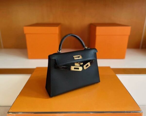 H Factory Bags Mini Kelly Touch Epsom & Crocodile Black Gold Hardware 19cm Full Handmade