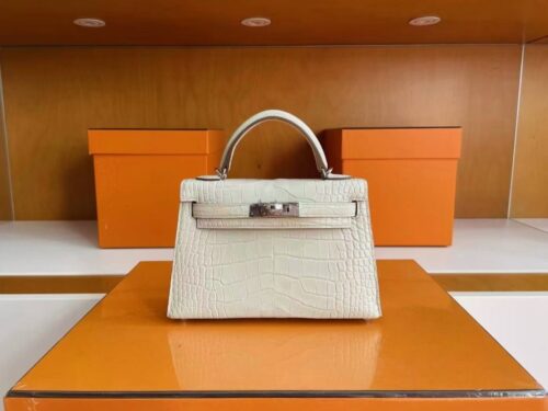 H Factory Bags Mini Kelly Matte Alligator Crocodile Cream White Silver Hardware 19cm Full Handmade