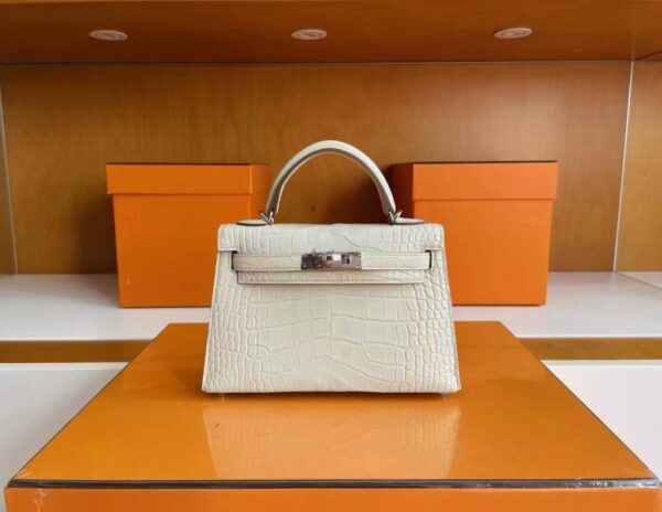 H Factory Bags Mini Kelly Matte Alligator Crocodile Cream White Silver Hardware 19cm Full Handmade