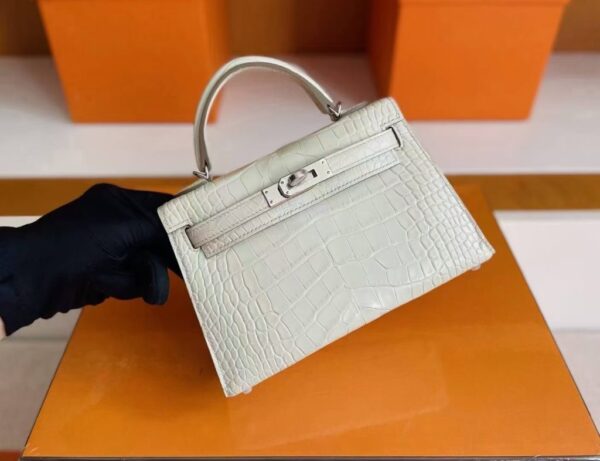 H Factory Bags Mini Kelly Matte Alligator Crocodile Cream White Silver Hardware 19cm Full Handmade