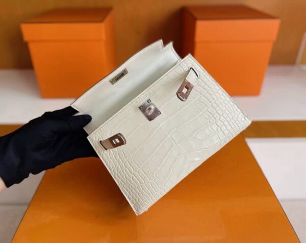 H Factory Bags Mini Kelly Matte Alligator Crocodile Cream White Silver Hardware 19cm Full Handmade