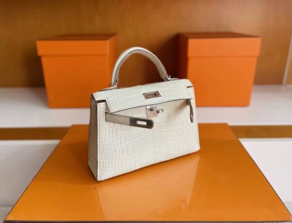 H Factory Bags Mini Kelly Matte Alligator Crocodile Cream White Silver Hardware 19cm Full Handmade