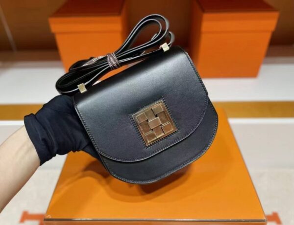 H Factory Bags Mosaique Shiny Box Leather Black Gold Hardware 17cm Full Handmade
