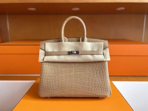 mmexport1749176444401-1024x776-1 H Factory Bags Birkin Matte Alligator Crocodile OM Tea Khaki Silver Hardware 25cm Full Handmade