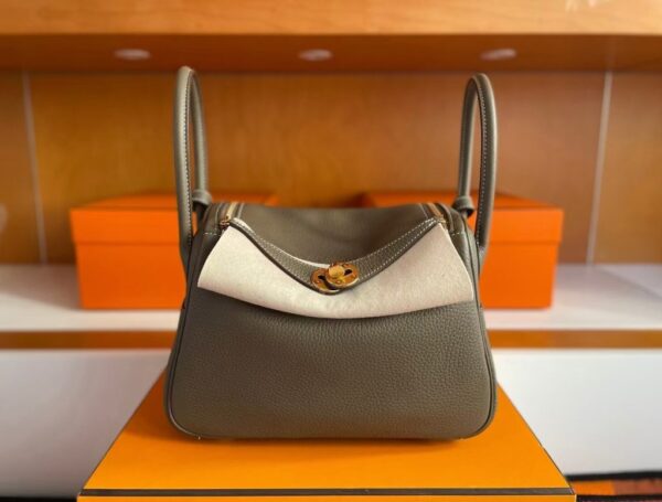 H Factory Bags Lindy Togo Leather Etoupe Grey Gold Hardware 26cm Full Handmade