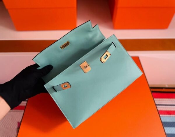 H Factory Bags Mini Kelly Pochette Swift Leather 3P Macaron Blue Gold Hardware 22cm Full Handmade