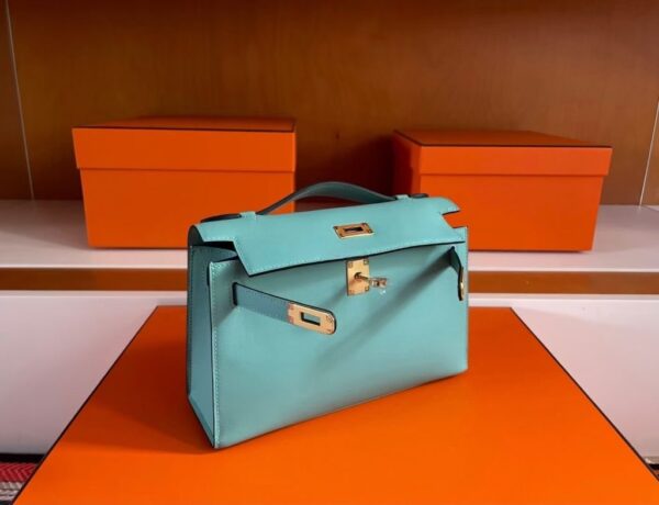 H Factory Bags Mini Kelly Pochette Swift Leather 3P Macaron Blue Gold Hardware 22cm Full Handmade