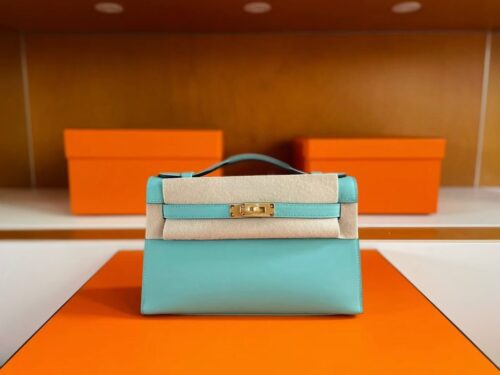 H Factory Bags Mini Kelly Pochette Swift Leather 3P Macaron Blue Gold Hardware 22cm Full Handmade