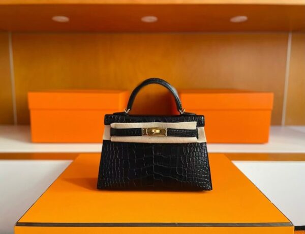 H Factory Bags Mini Kelly Matte Alligator Crocodile HCP Black Gold Hardware 19cm Full Handmade