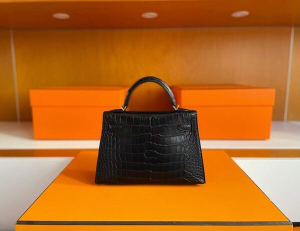 H Factory Bags Mini Kelly Matte Alligator Crocodile HCP Black Gold Hardware 19cm Full Handmade