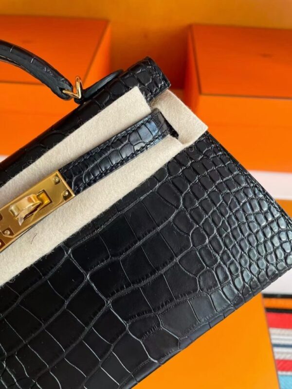 H Factory Bags Mini Kelly Matte Alligator Crocodile HCP Black Gold Hardware 19cm Full Handmade