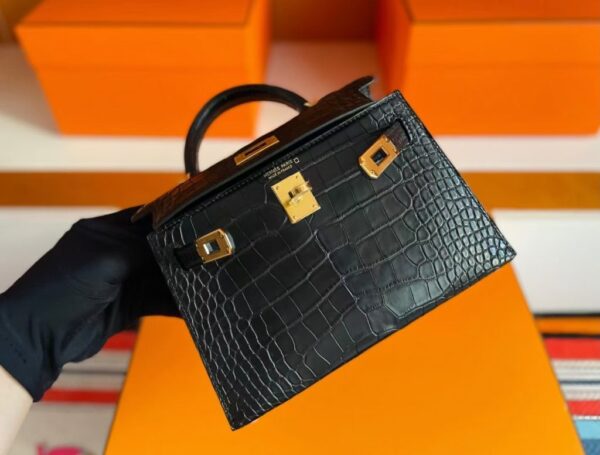 H Factory Bags Mini Kelly Matte Alligator Crocodile HCP Black Gold Hardware 19cm Full Handmade
