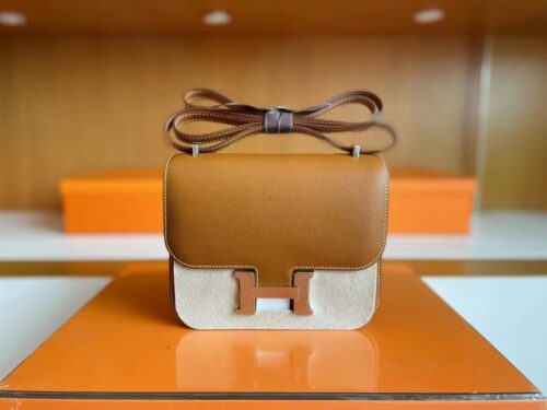 H Factory Bags Constance Epsom Leather ck37 Golden Brown Silver Hardware 18cm Full Handmade
