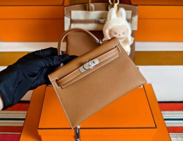 H Factory Bags Mini Kelly Epsom Leather Gold Brown Silver Hardware 19cm Full Handmade
