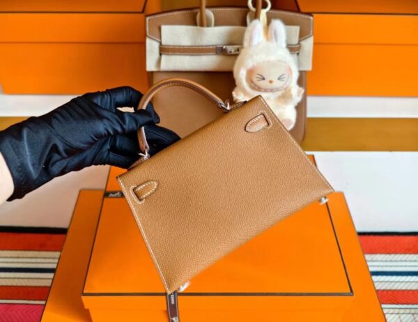 H Factory Bags Mini Kelly Epsom Leather Gold Brown Silver Hardware 19cm Full Handmade