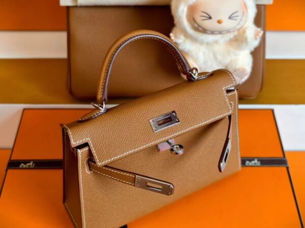 H Factory Bags Mini Kelly Epsom Leather Gold Brown Silver Hardware 19cm Full Handmade