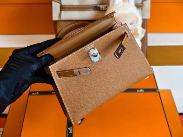 H Factory Bags Mini Kelly Epsom Leather Gold Brown Silver Hardware 19cm Full Handmade