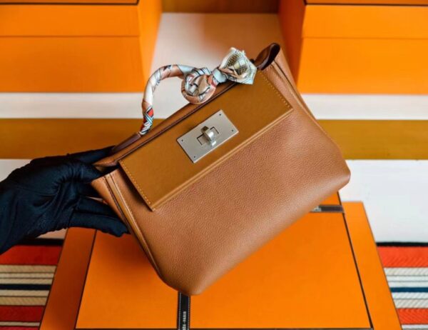 H Factory Bags Mini Kelly 2424 Evercoler Leather Golden Brown Silver Hardware 21cm Full Handmade