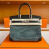 H Factory Bags Birkin Canvas & Leather Black & Green Silver Hardware 30cm Full Handmade