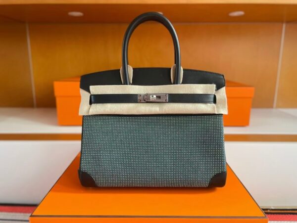 H Factory Bags Birkin Canvas & Leather Black & Green Silver Hardware 30cm Full Handmade