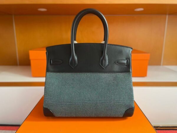 H Factory Bags Birkin Canvas & Leather Black & Green Silver Hardware 30cm Full Handmade