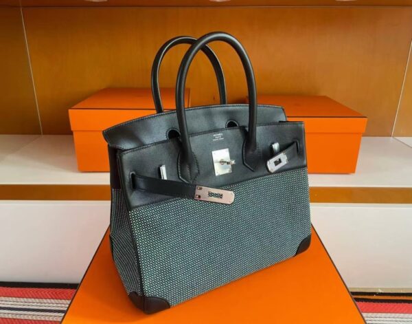 H Factory Bags Birkin Canvas & Leather Black & Green Silver Hardware 30cm Full Handmade