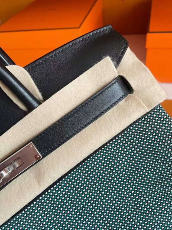 H Factory Bags Birkin Canvas & Leather Black & Green Silver Hardware 30cm Full Handmade
