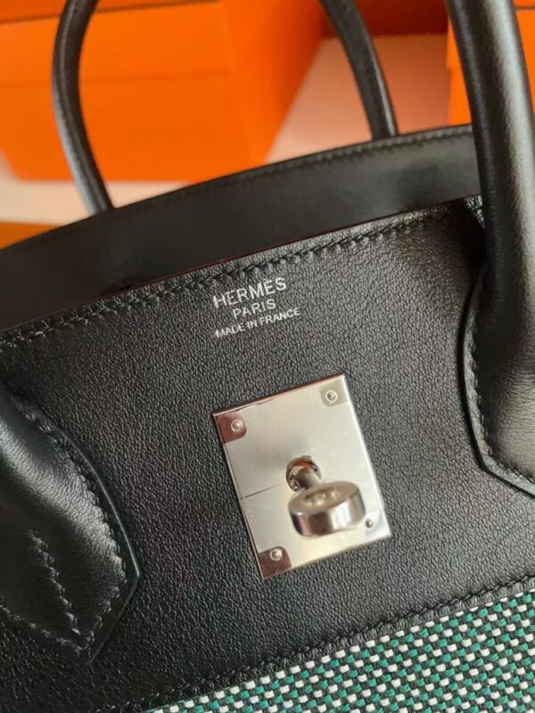 H Factory Bags Birkin Canvas & Leather Black & Green Silver Hardware 30cm Full Handmade