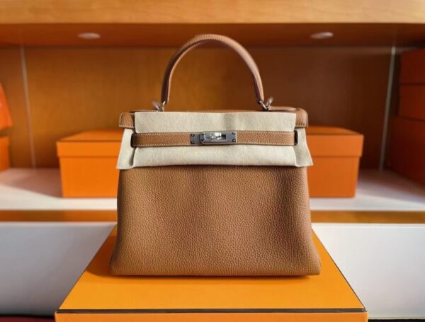H Factory Bags Kelly Togo Leather Golden Brown Silver Hardware 25cm Full Handmade