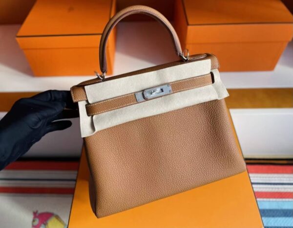 H Factory Bags Kelly Togo Leather Golden Brown Silver Hardware 25cm Full Handmade