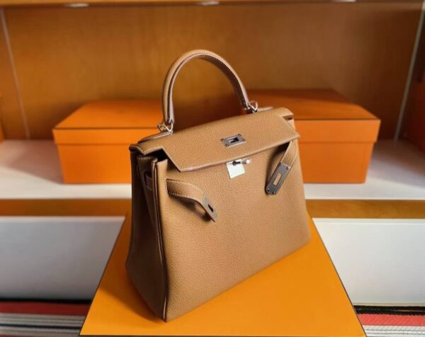 H Factory Bags Kelly Togo Leather Golden Brown Silver Hardware 25cm Full Handmade