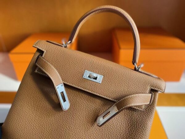 H Factory Bags Kelly Togo Leather Golden Brown Silver Hardware 25cm Full Handmade