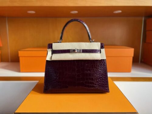 H Factory Bags Kelly Shiny Alligator Crocodile N5 Grape Purple Silver Hardware 25cm Full Handmade