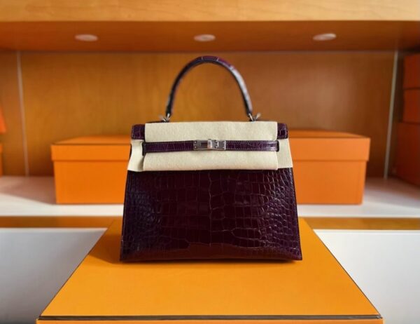 H Factory Bags Kelly Shiny Alligator Crocodile N5 Grape Purple Silver Hardware 25cm Full Handmade