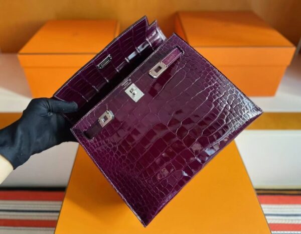 H Factory Bags Kelly Shiny Alligator Crocodile N5 Grape Purple Silver Hardware 25cm Full Handmade