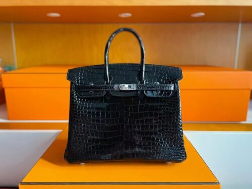mmexport1750840837118-1024x785-1 H Factory Bags Birkin Shiny Porosus Crocodile Black Silver Hardware 25cm Full Handmade