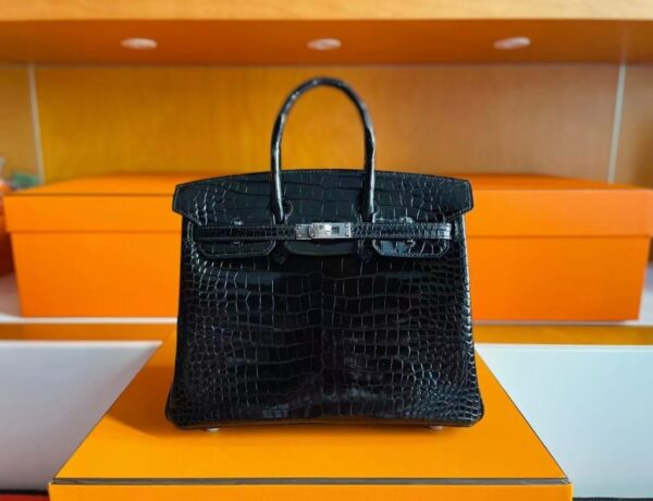 H Factory Bags Birkin Shiny Porosus Crocodile Black Silver Hardware 25cm Full Handmade