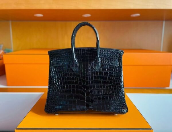 H Factory Bags Birkin Shiny Porosus Crocodile Black Silver Hardware 25cm Full Handmade