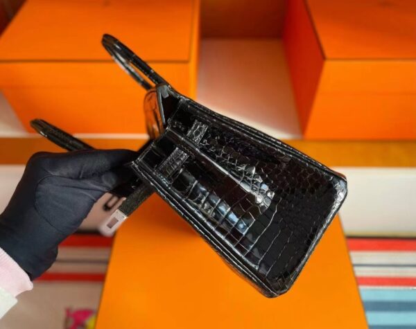 H Factory Bags Birkin Shiny Porosus Crocodile Black Silver Hardware 25cm Full Handmade