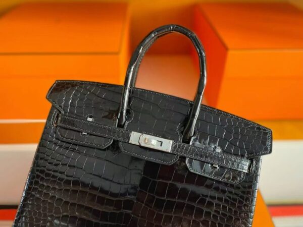 H Factory Bags Birkin Shiny Porosus Crocodile Black Silver Hardware 25cm Full Handmade