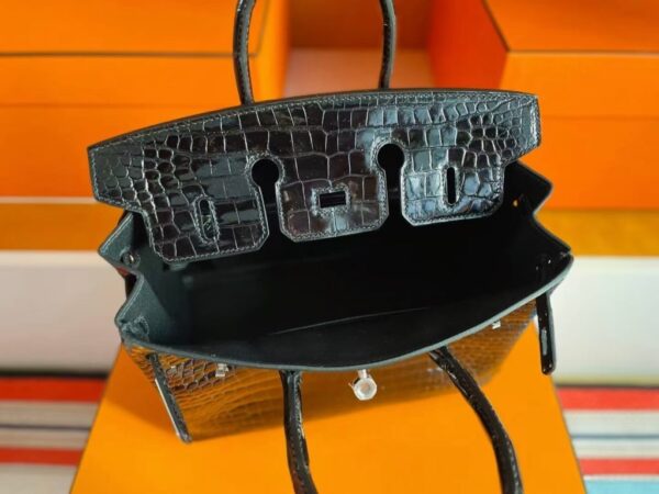 H Factory Bags Birkin Shiny Porosus Crocodile Black Silver Hardware 25cm Full Handmade